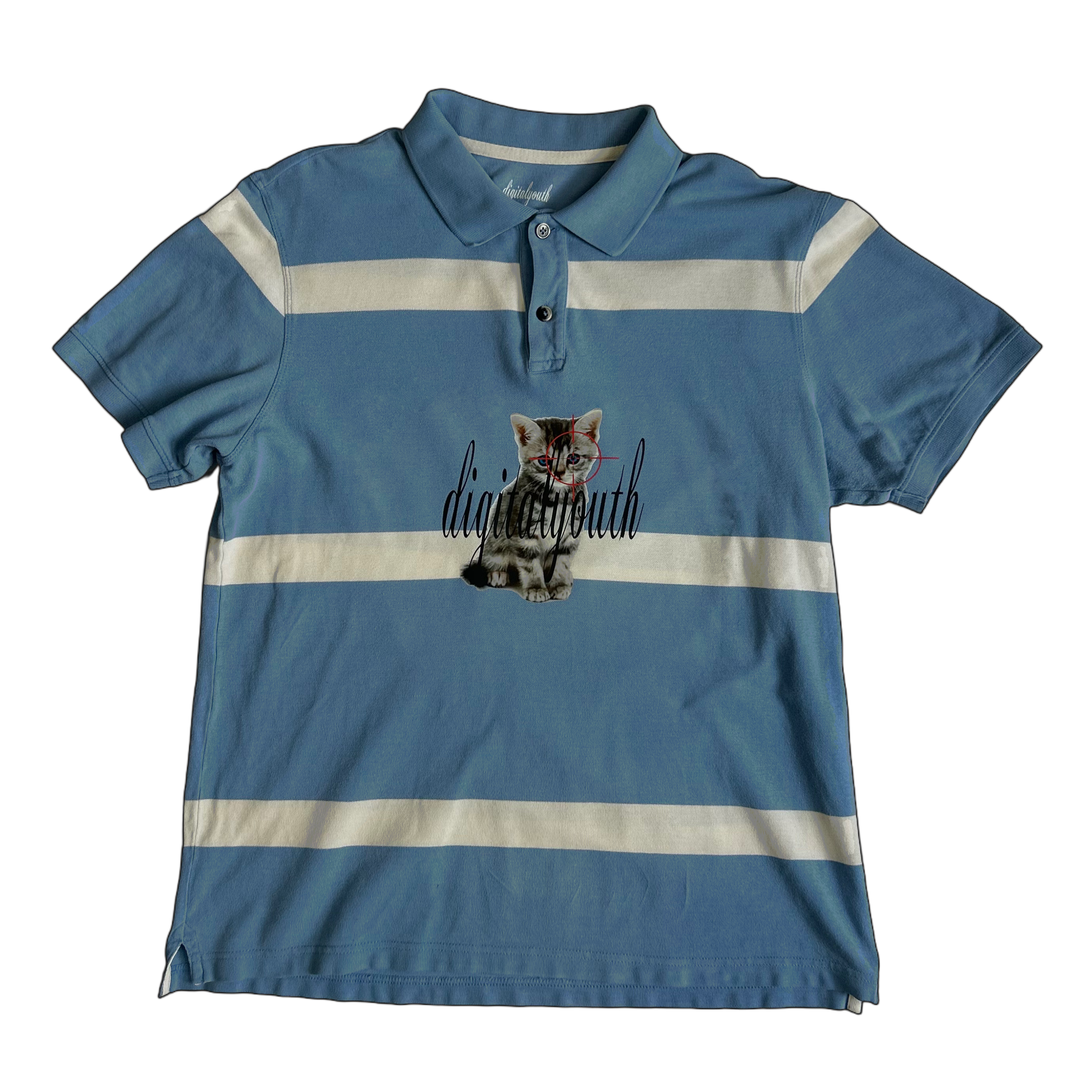 “second life” blue and white striped cat polo