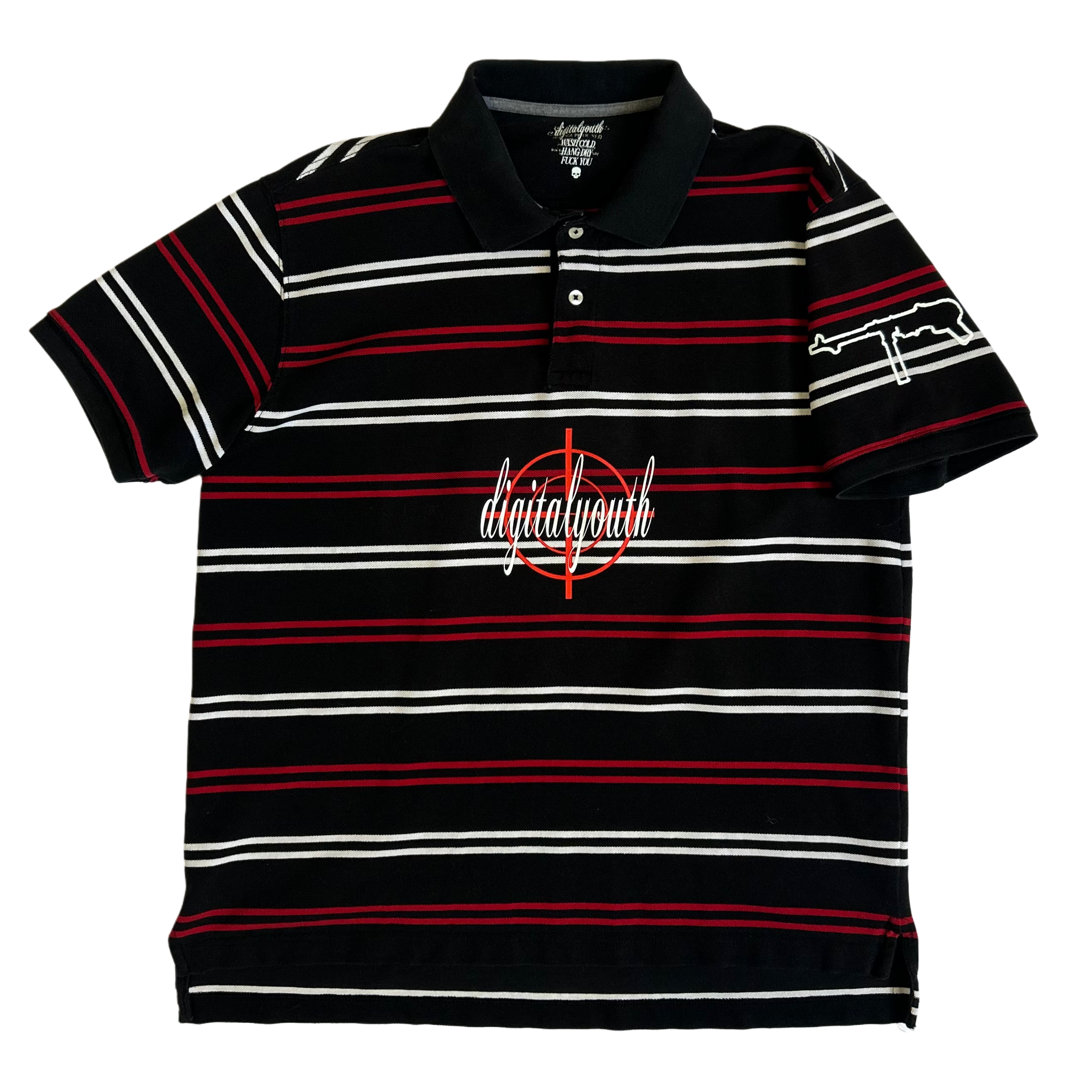 “second life” black and red crosshair striped polo