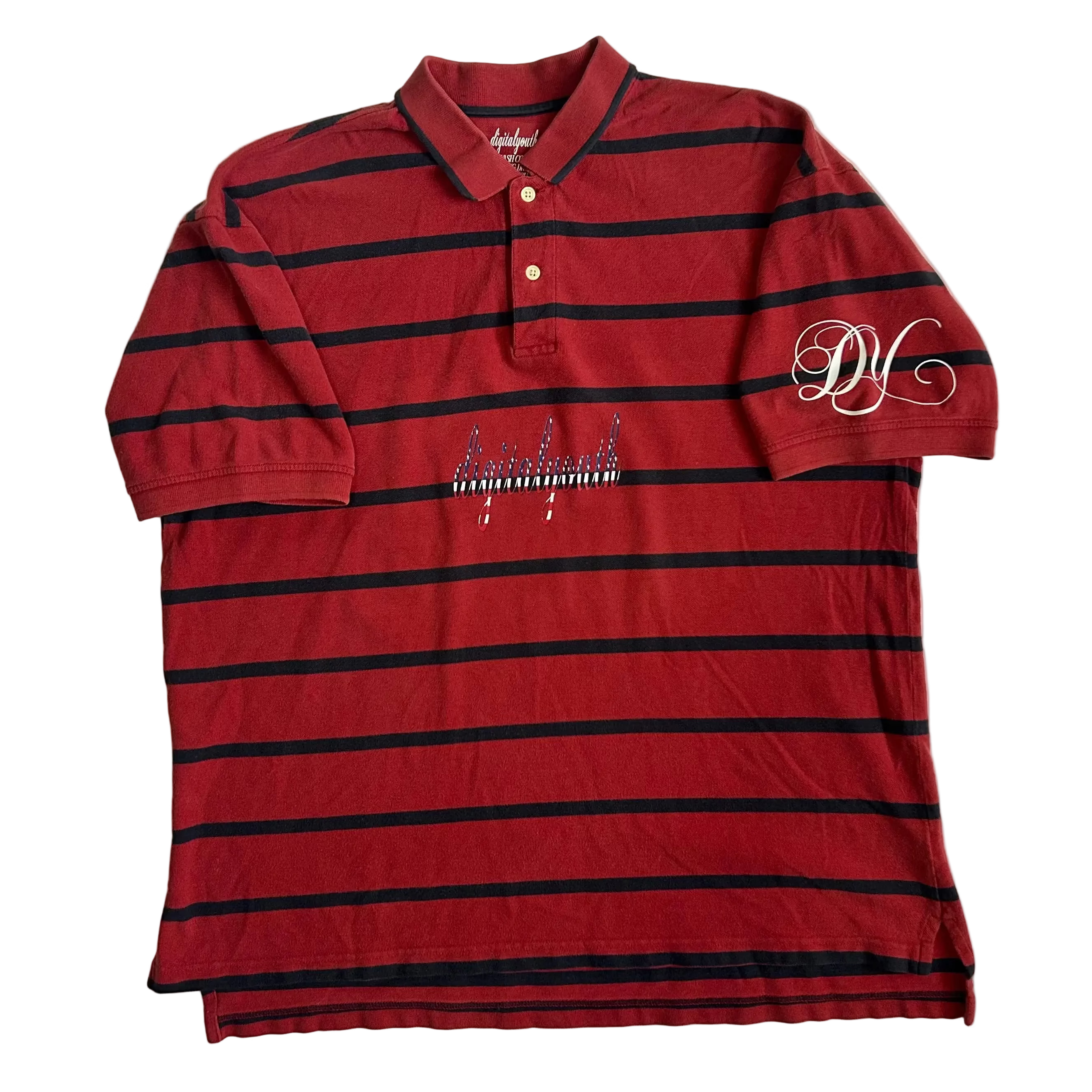 “second life” red and blue striped american flag polo